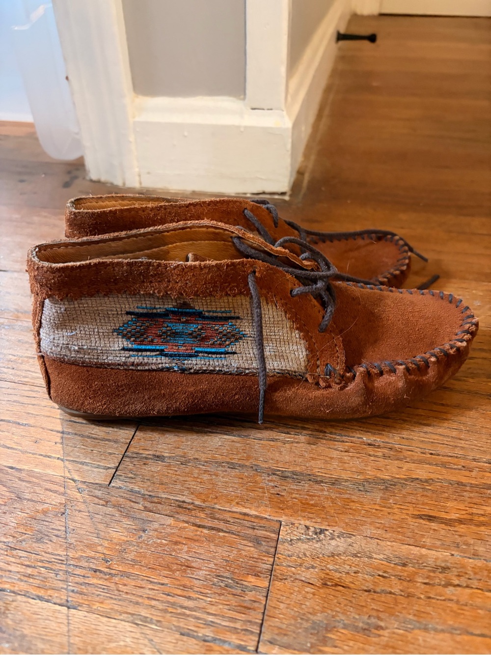 Minnetonka Brown Suede Moccasin Boots with Aztec Accent